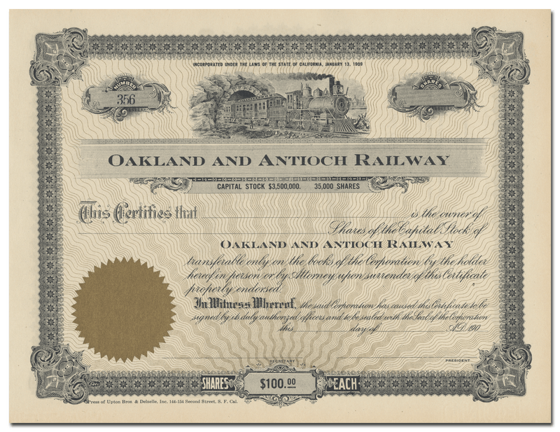 Oakland and Antioch Railway Stock Certificate