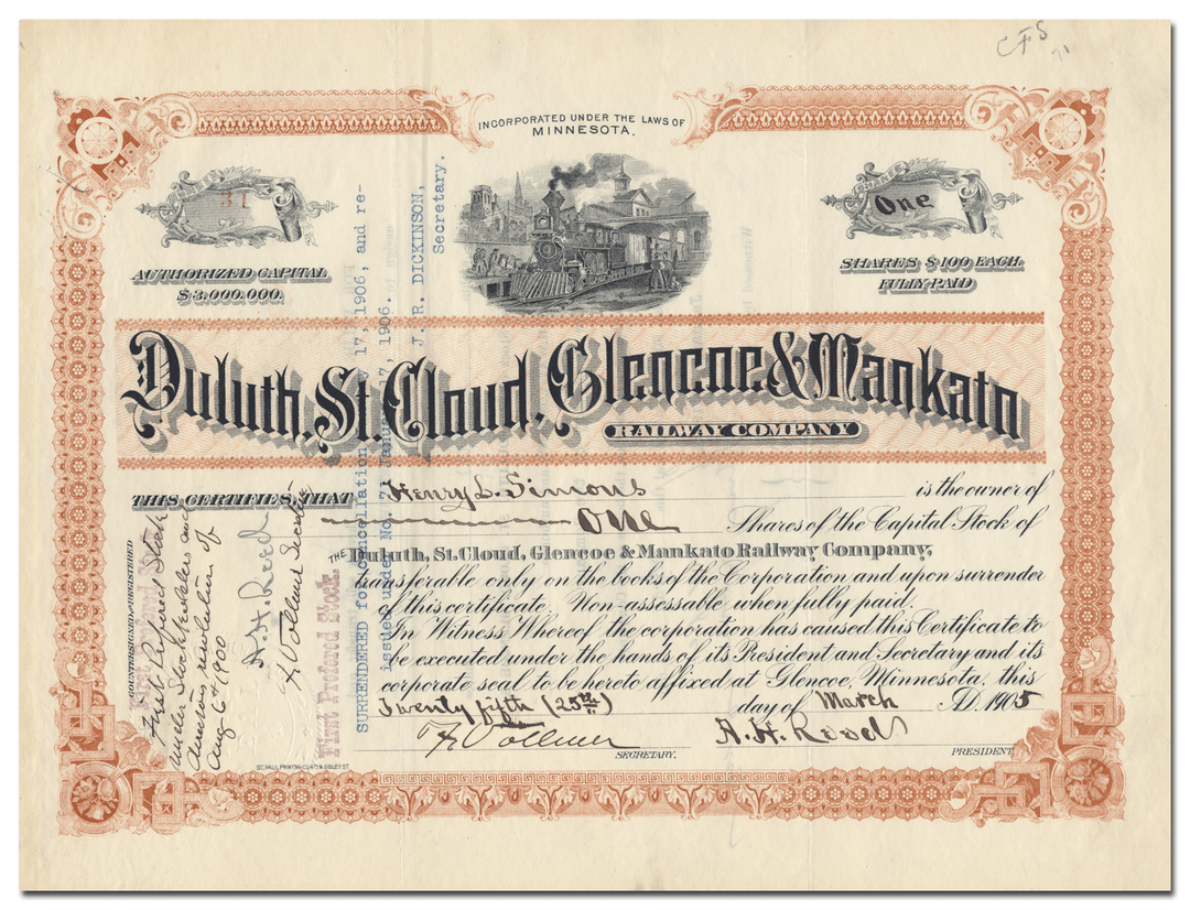 Duluth, St. Cloud, Glencoe & Mankato Railway Company Stock Certificate