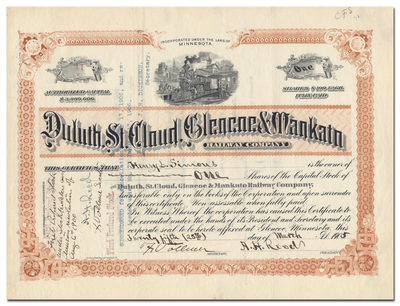 Duluth, St. Cloud, Glencoe & Mankato Railway Company Stock Certificate