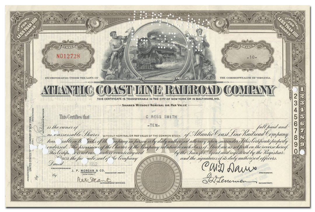 Atlantic Coast Line Railroad Company Stock Certificate