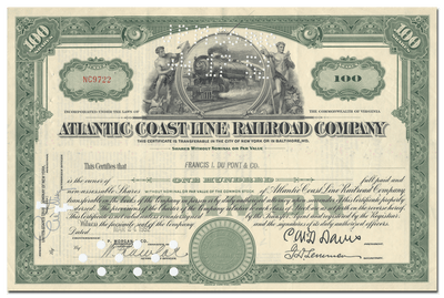 Atlantic Coast Line Railroad Company Stock Certificate