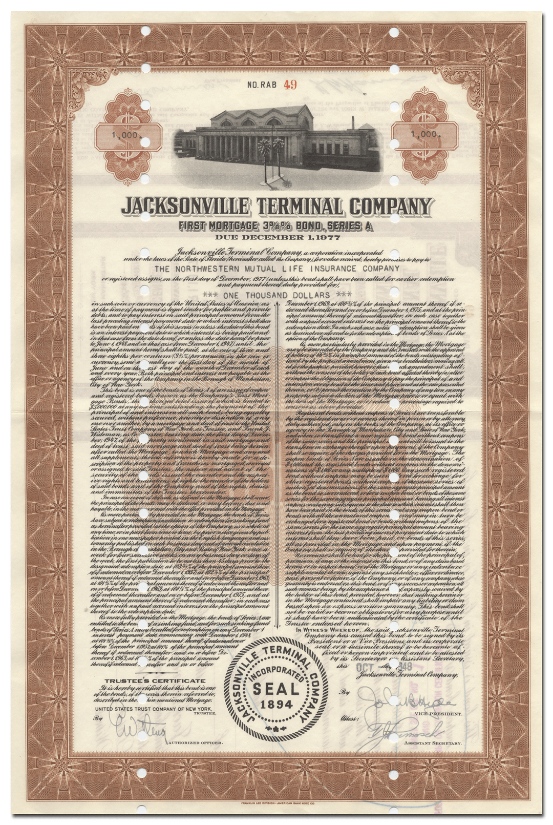 Jacksonville Terminal Company Bond Certificate