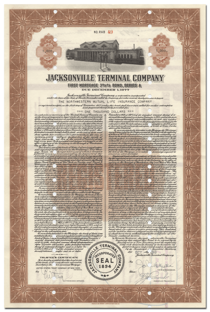 Jacksonville Terminal Company Bond Certificate