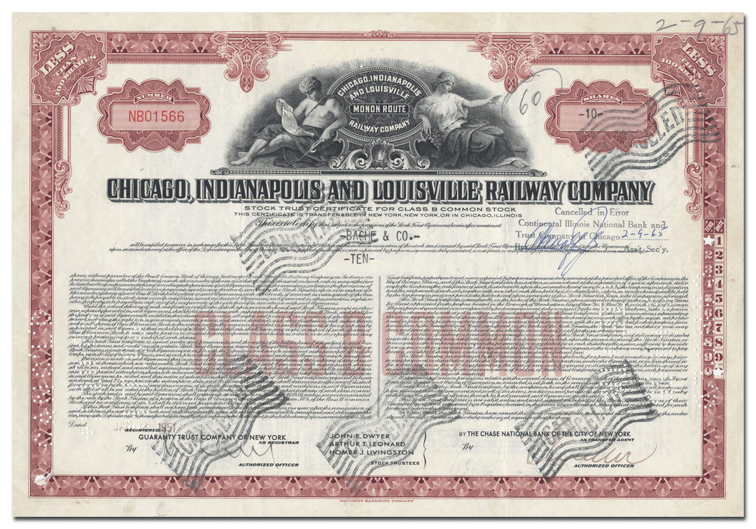 Chicago, Indianapolis and Louisville Railway Company Stock Certificate