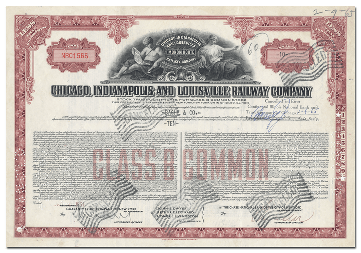 Chicago, Indianapolis and Louisville Railway Company Stock Certificate