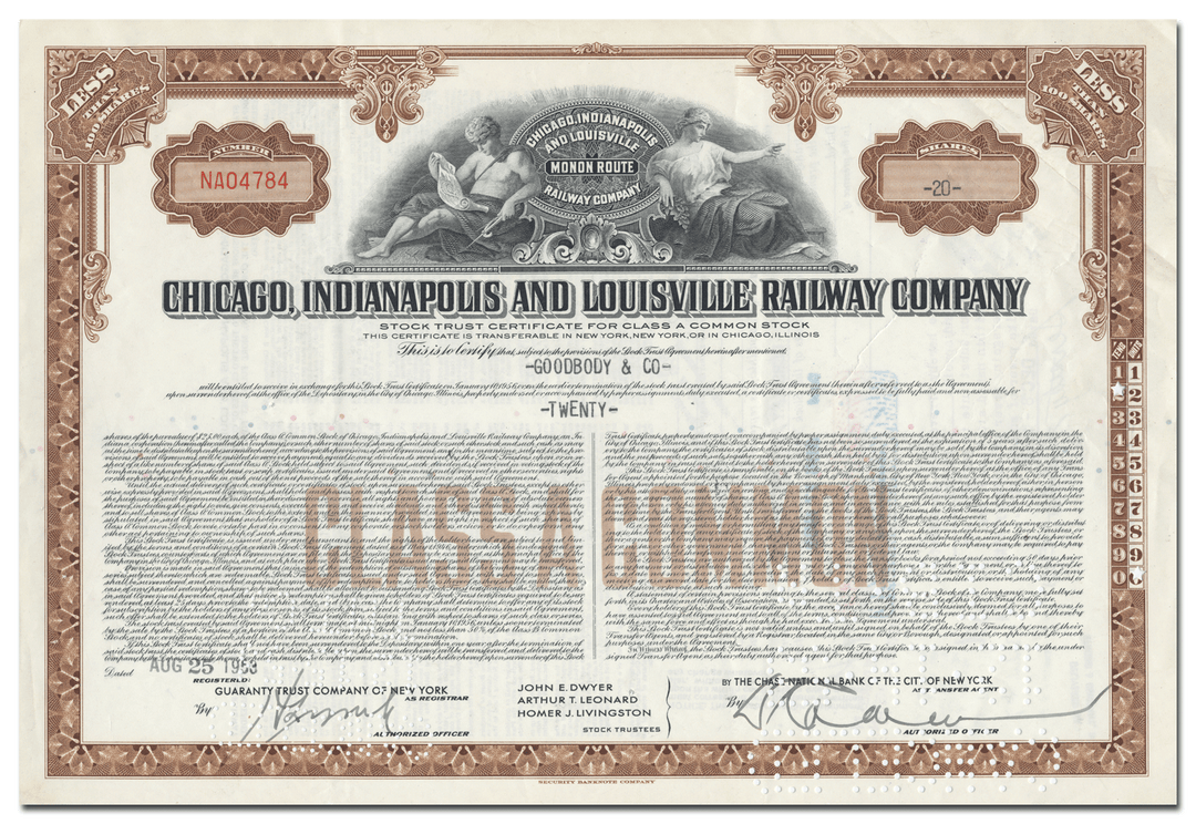 Chicago, Indianapolis and Louisville Railway Company Stock Certificate