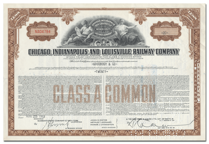 Chicago, Indianapolis and Louisville Railway Company Stock Certificate