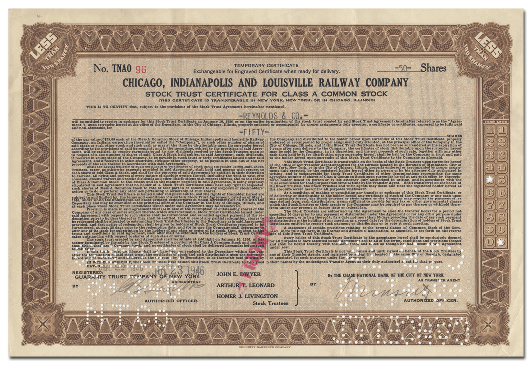 Chicago, Indianapolis and Louisville Railway Company Stock Certificate