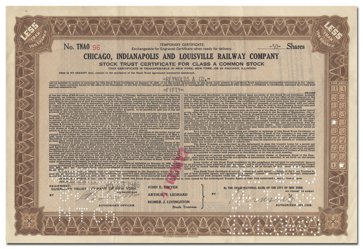 Chicago, Indianapolis and Louisville Railway Company Stock Certificate