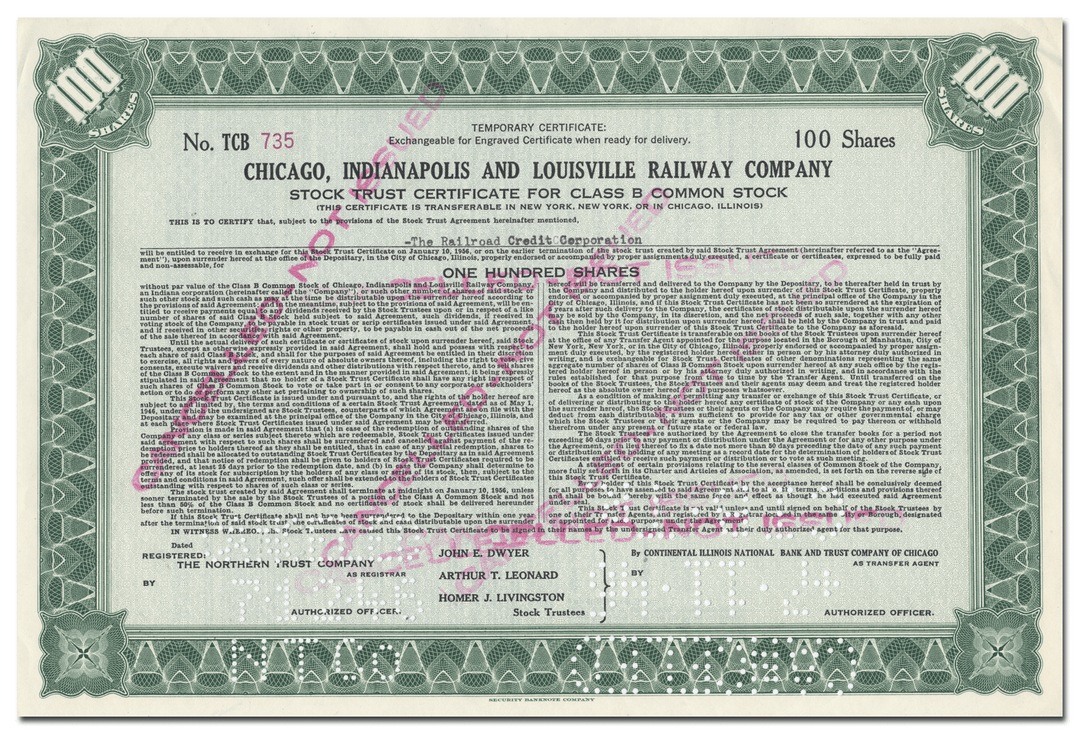 Chicago, Indianapolis and Louisville Railway Company Stock Certificate