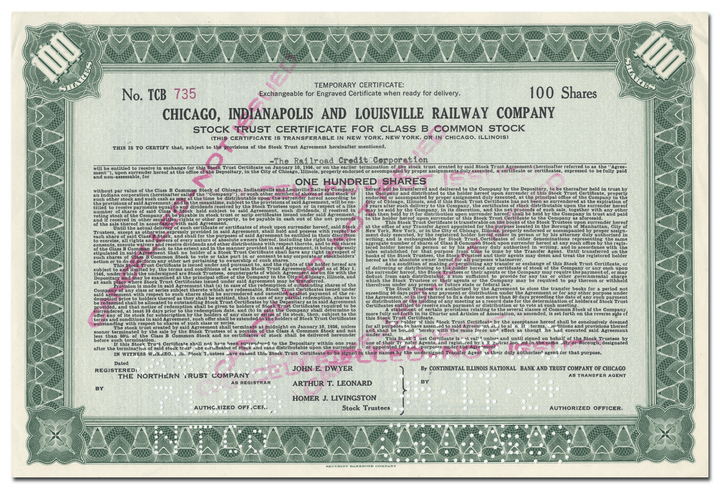 Chicago, Indianapolis and Louisville Railway Company Stock Certificate