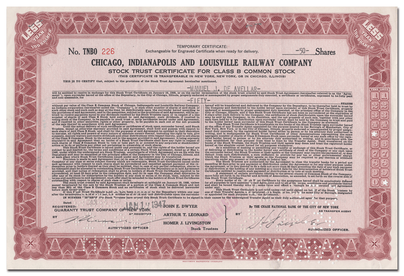 Chicago, Indianapolis and Louisville Railway Company Stock Certificate