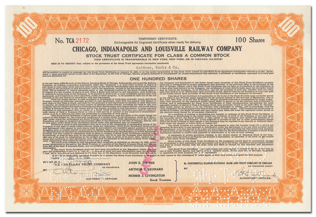 Chicago, Indianapolis and Louisville Railway Company Stock Certificate