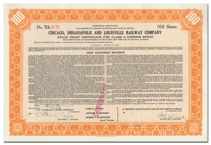 Chicago, Indianapolis and Louisville Railway Company Stock Certificate