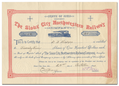 Sioux City Northwestern Railway Company Stock Certificate