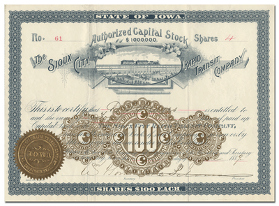 Sioux City  Rapid Transit Company Stock Certificate