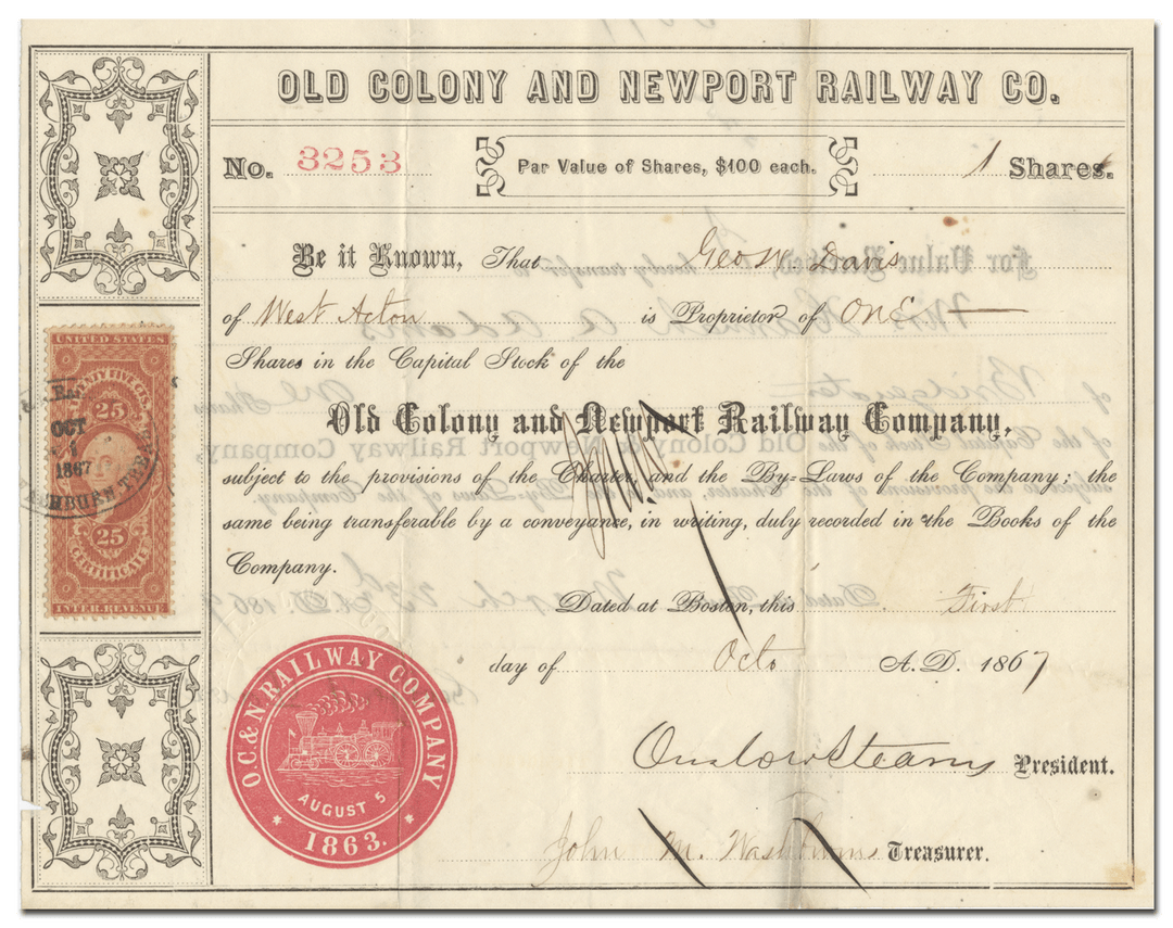 Old Colony and Newport Railway Company Stock Certificate