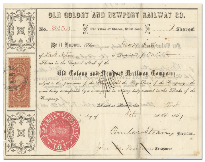 Old Colony and Newport Railway Company Stock Certificate