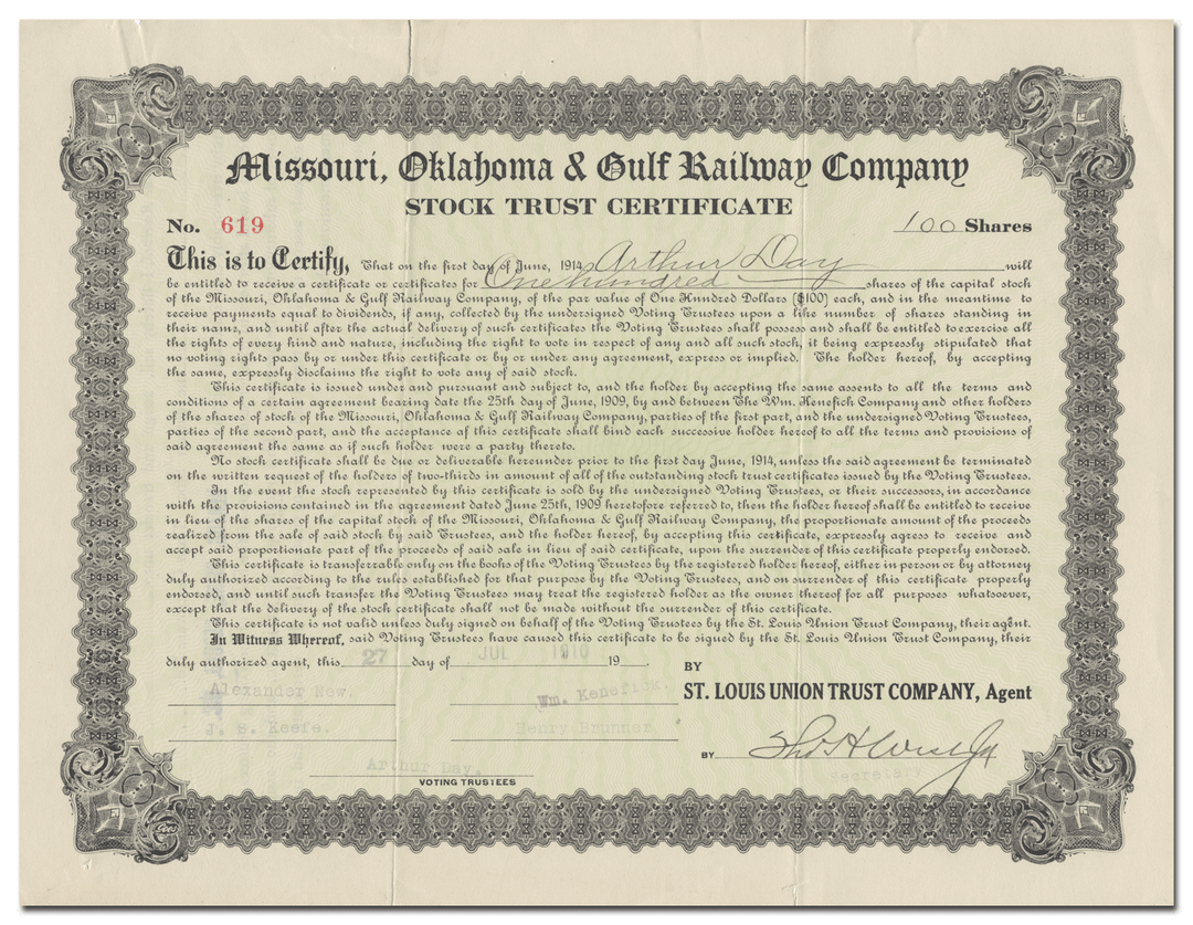 Missouri, Oklahoma & Gulf Railway Company Stock Certificate