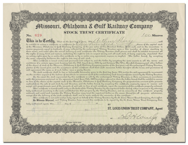 Missouri, Oklahoma & Gulf Railway Company Stock Certificate