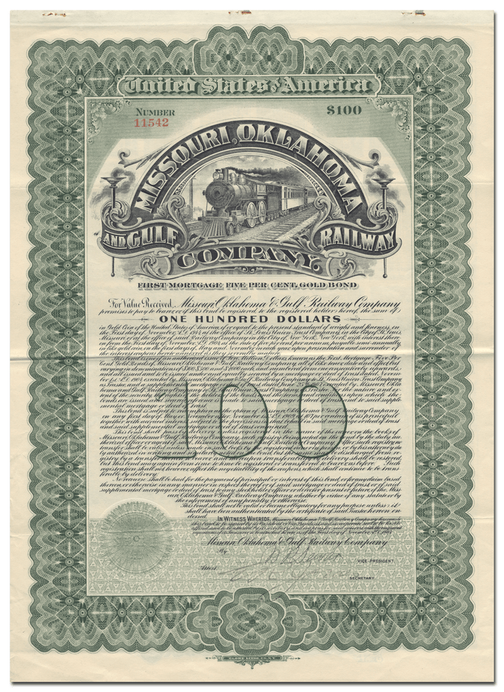 Missouri, Oklahoma and Gulf Railway Company Bond Certificate