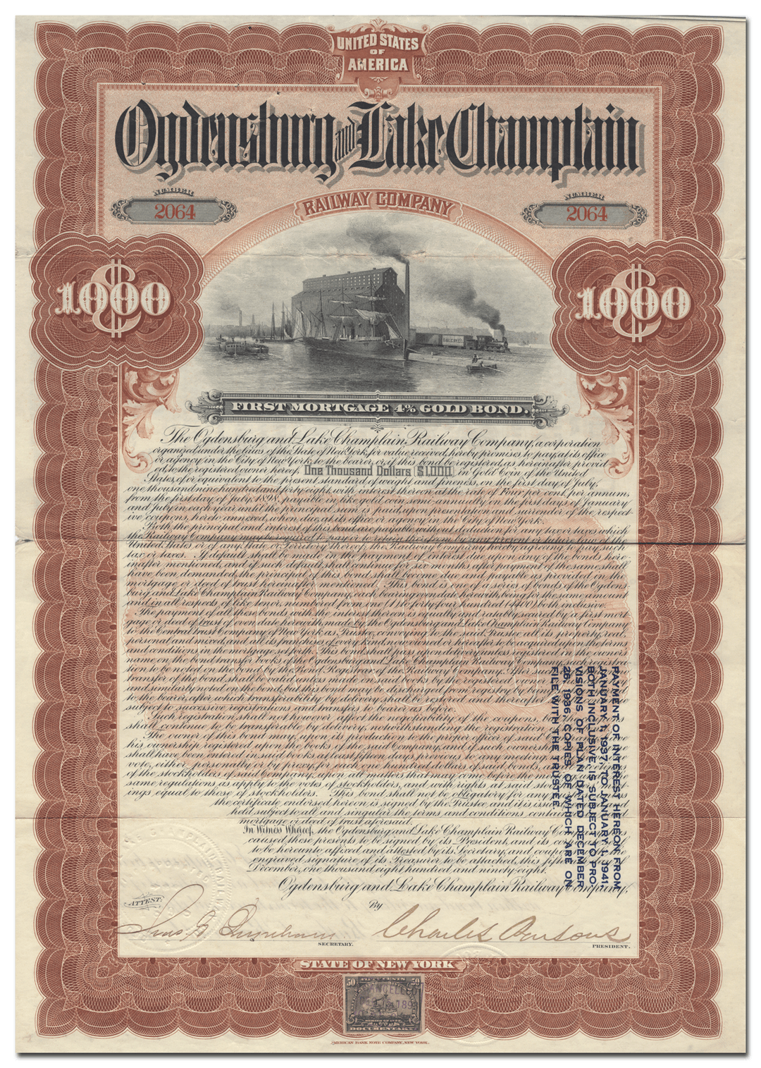 Ogdensburg and Lake Champlain Railway Company Bond Certificate