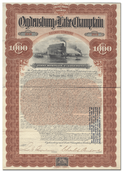 Ogdensburg and Lake Champlain Railway Company Bond Certificate
