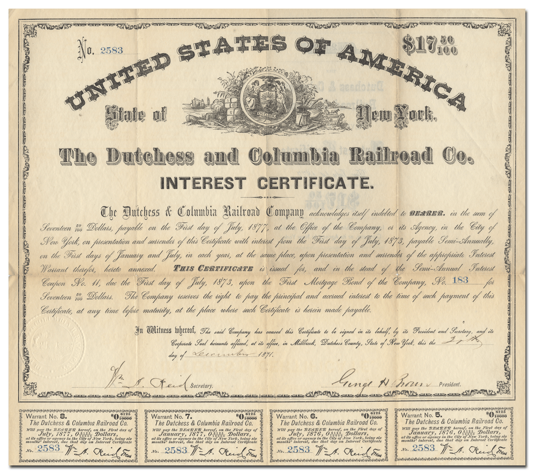 Dutchess and Columbia Railroad Company Interest Certificate