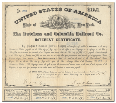 Dutchess and Columbia Railroad Company Interest Certificate