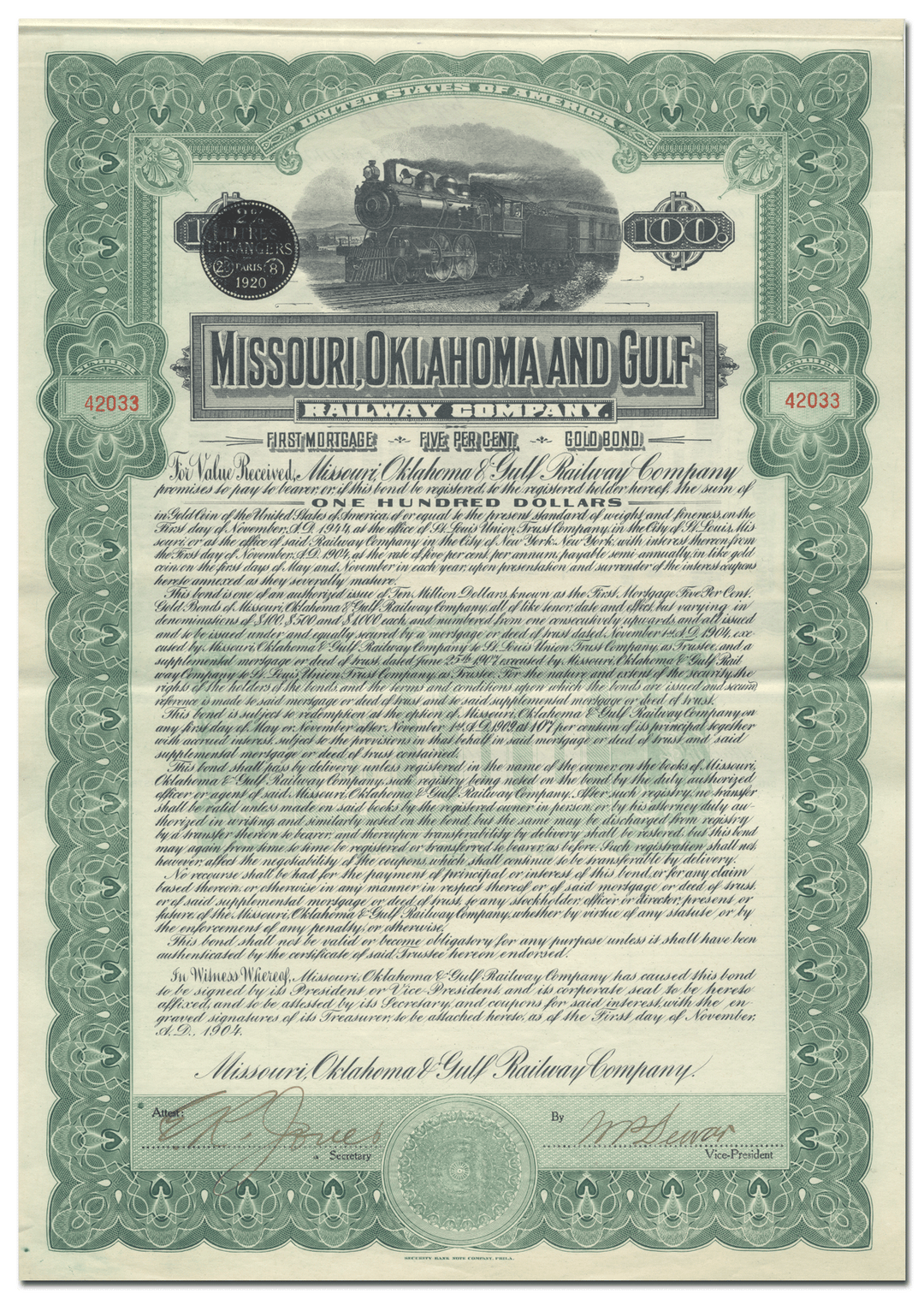 Missouri, Oklahoma and Gulf Railway Company Bond Certificate