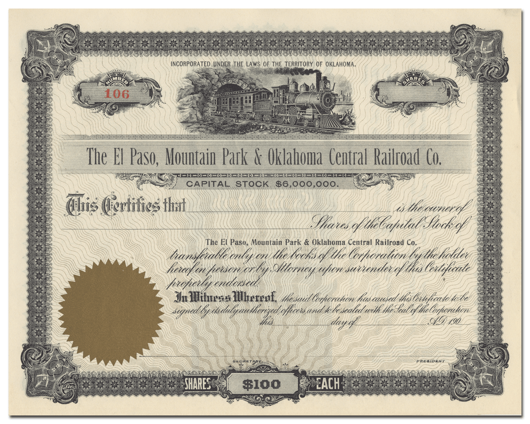 El Paso, Mountain Park & Oklahoma Central Railroad Co. Stock Certificate