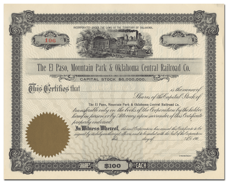 El Paso, Mountain Park & Oklahoma Central Railroad Co. Stock Certificate