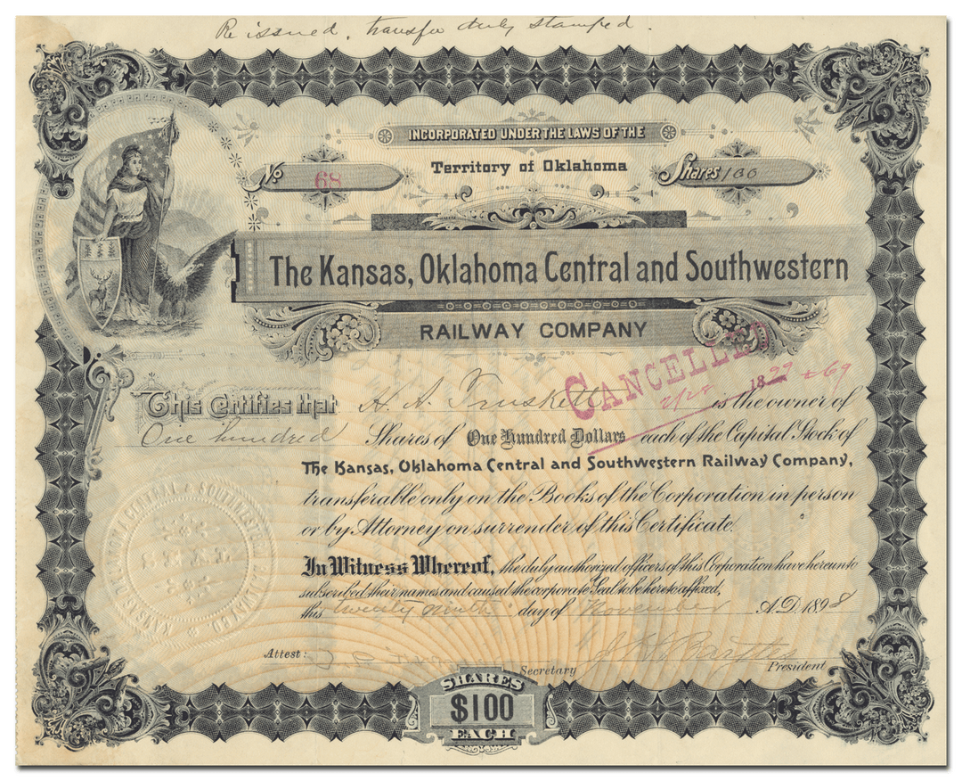 Kansas, Oklahoma Central and Southwestern Railway Company Stock Certificate