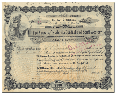 Kansas, Oklahoma Central and Southwestern Railway Company Stock Certificate