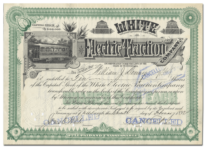 White Electric Traction Company Stock Certificate