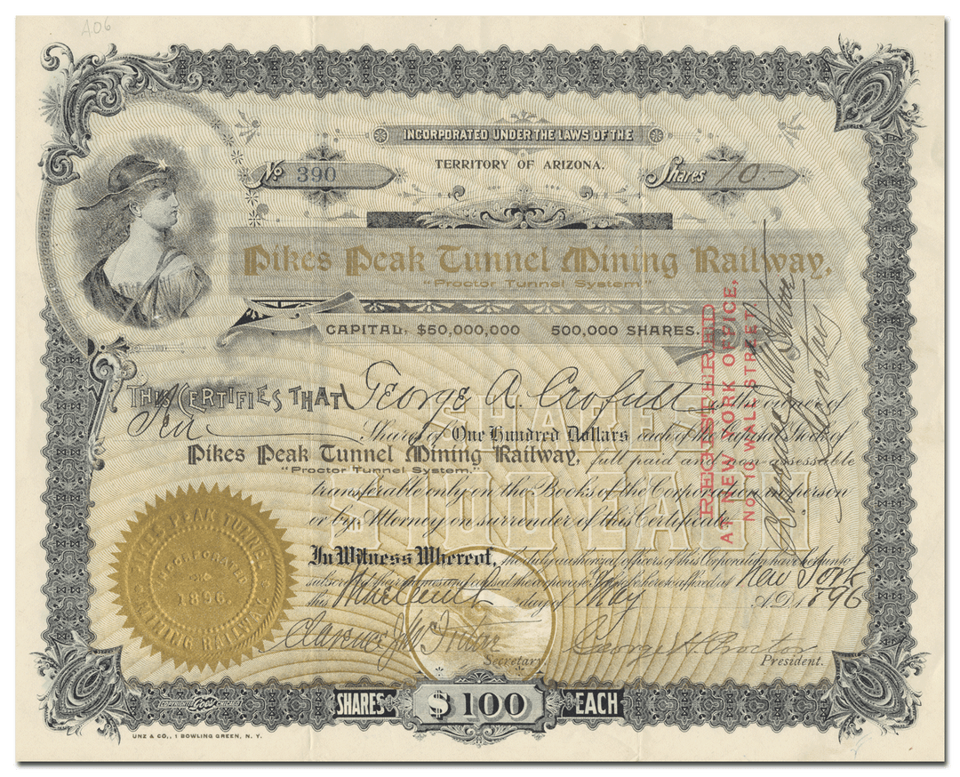 Pikes Peak Tunnel Mining Railway Stock Certificate