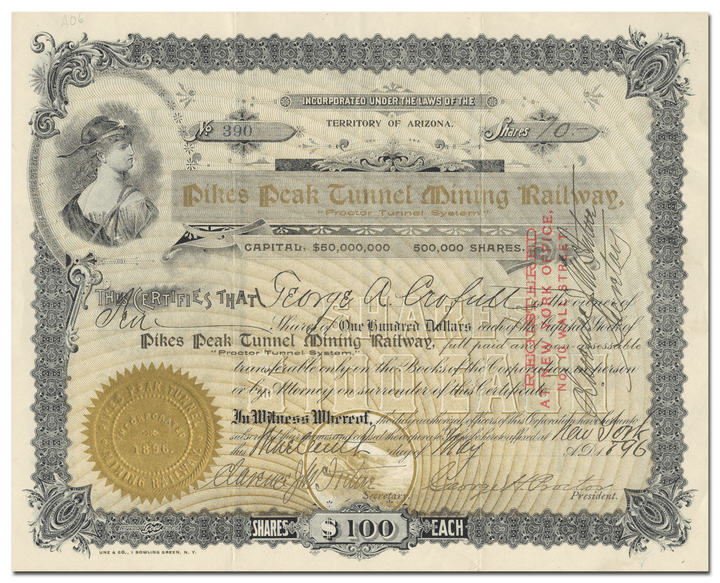 Pikes Peak Tunnel Mining Railway Stock Certificate