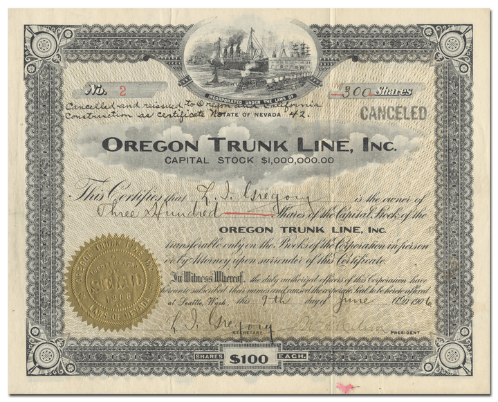 Oregon Trunk Line, Inc. Stock Certificate