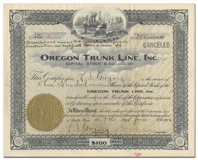 Oregon Trunk Line, Inc. Stock Certificate