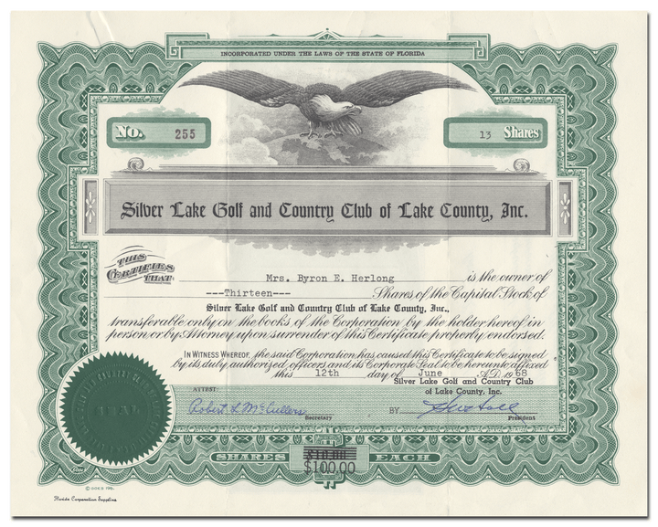 Silver Lake Golf and Country Club of Lake County, Inc. Stock Certificate