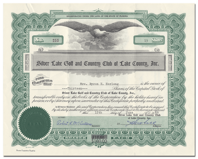 Silver Lake Golf and Country Club of Lake County, Inc. Stock Certificate