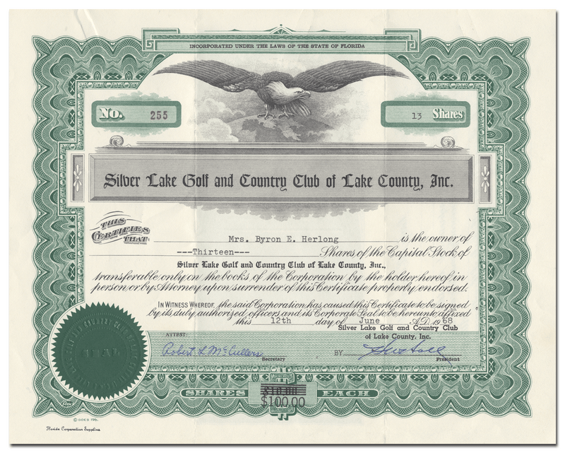 Silver Lake Golf and Country Club of Lake County, Inc. Stock Certificate