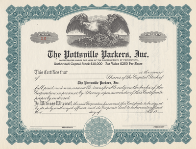 Pottsville Packers, Inc. Stock Certificate