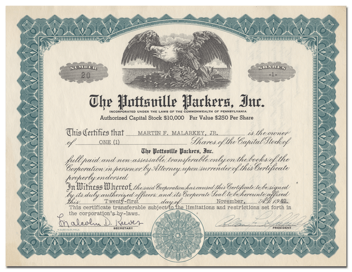 Pottsville Packers, Inc. Stock Certificate