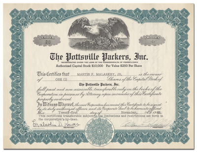 Pottsville Packers, Inc. Stock Certificate