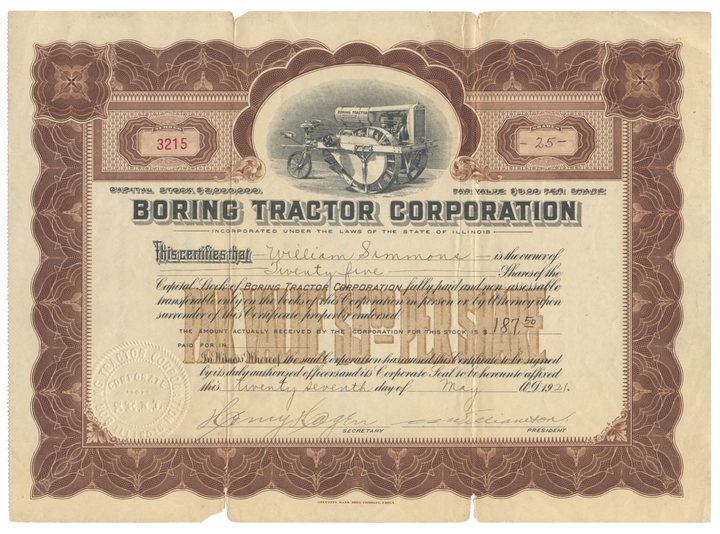 Boring Tractor Corporation Stock Certificate