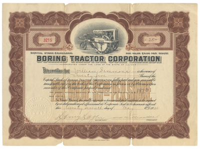 Boring Tractor Corporation Stock Certificate
