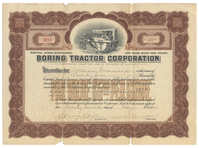 Boring Tractor Corporation Stock Certificate