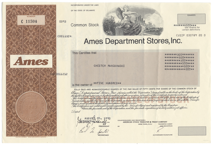 Ames Department Stores, Inc. Stock Certificate