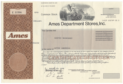 Ames Department Stores, Inc. Stock Certificate